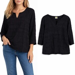 Drawstrings of Malibu Black Cotton Eyelash Fringe Split Neck Blouse‎ Size M